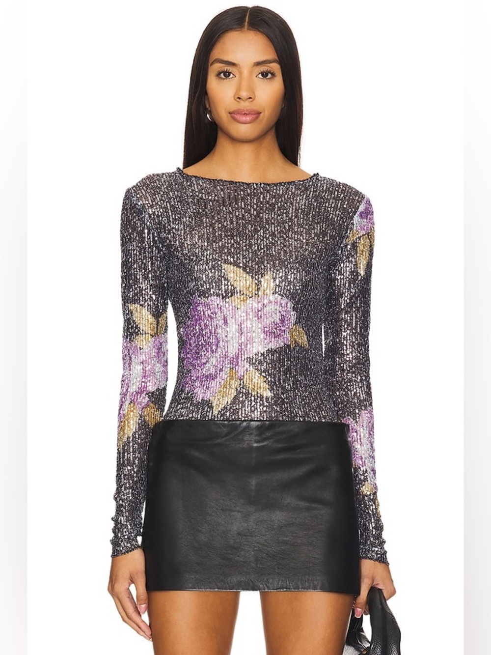 Free People Intimately Printed Gold Rush Sequin Floral Top Midnight XL